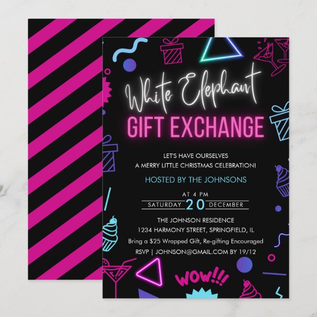 Bright Neon White Elephant Gift Exchange Party Invitation (Front/Back)