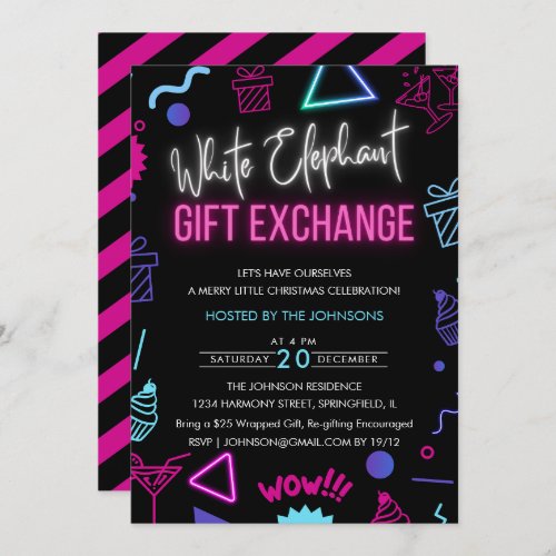 Bright Neon White Elephant Gift Exchange Party Invitation