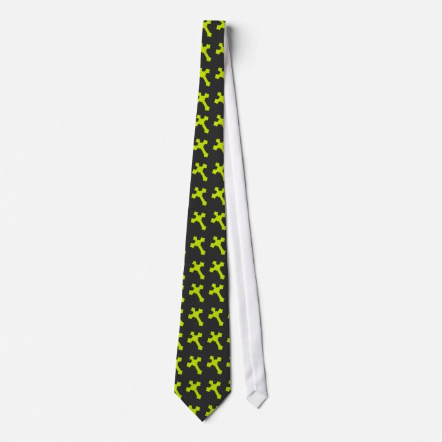 Bright Neon Yellow Crosses on a Black fabric Neck Tie (Front)
