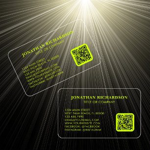 Bright Neon Yellow Transparent Unique QR Code Clear Business Cards