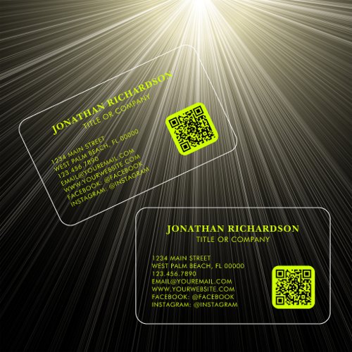 Bright Neon Yellow Transparent Unique QR Code Clear Business Cards