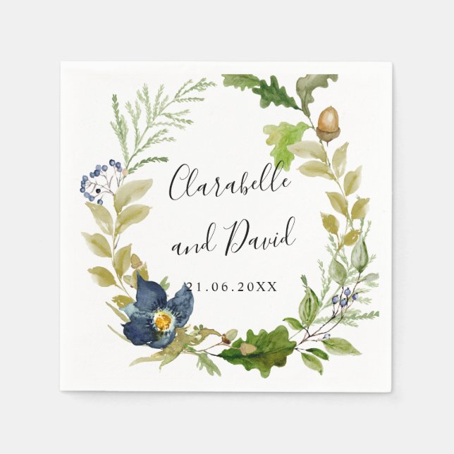 Bright Oak and blue flowers wedding personalized Napkins (Front)