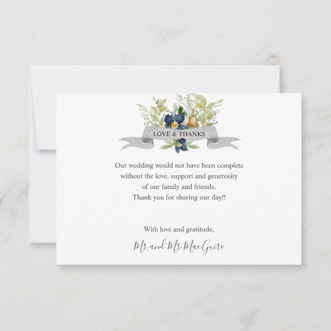 Bright Oak and blue Flowers Wedding thank you Card (Front)
