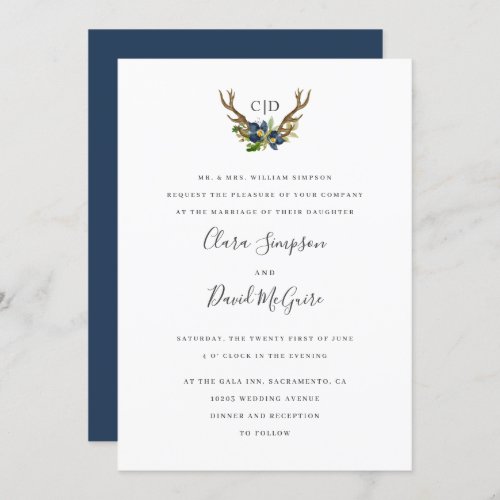 Bright Oak  monogram Acorn and Antlers wedding Invitation