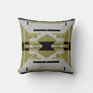 Bright Olive Black Gray Abstract Symmetrical Motif Throw Pillow
