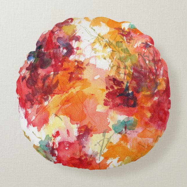 Bright Orange Abstract Canvas Flower Art Round Pillow (Front)