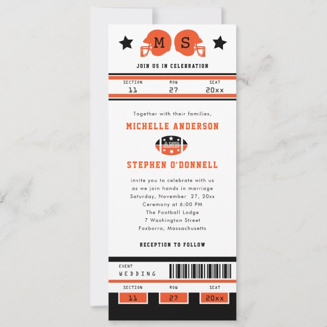 Bright Orange and Black Football Ticket Wedding Invitation (Front)