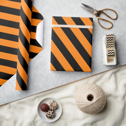 Bright Orange and Black Halloween Striped Pattern  Wrapping Paper