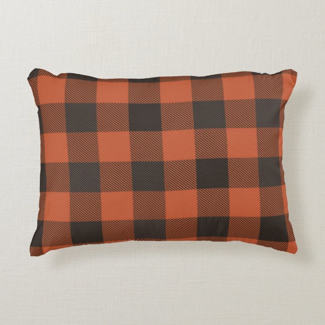 Bright Orange And Black Plaid Accent Pillow (Front)