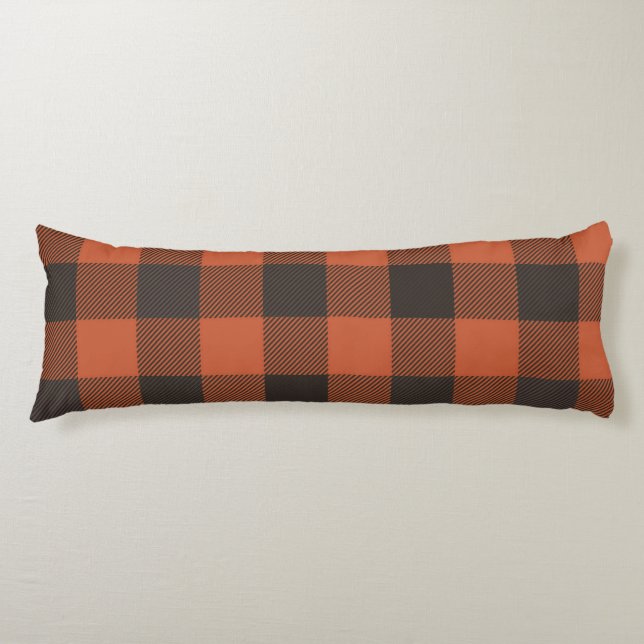 Bright Orange And Black Plaid Body Pillow (Front)