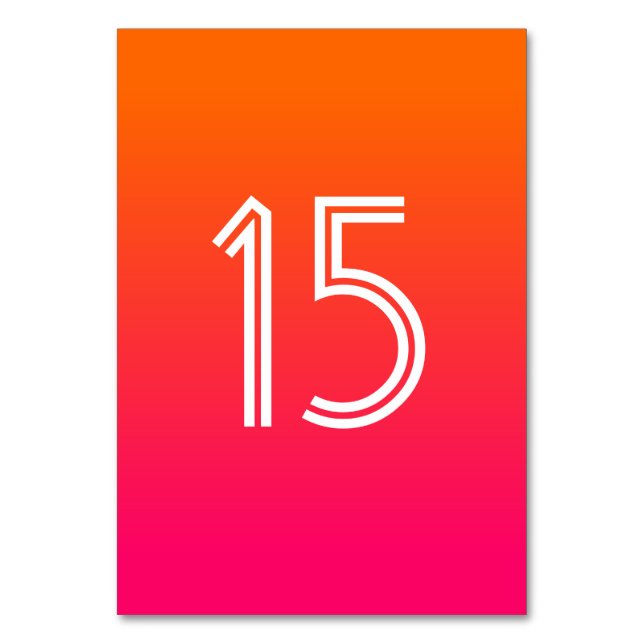 Bright Orange and Hot Pink Ombre White Wedding Table Number (Front)