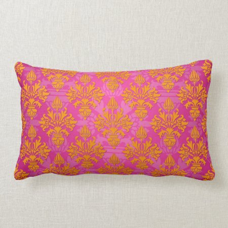 Bright Orange And Pink Floral Damask Lumbar Pillow