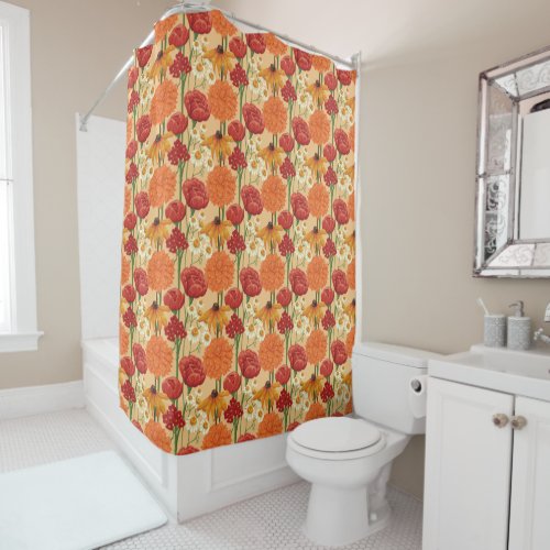 Bright Orange and Red Floral Garden Pattern Shower Curtain