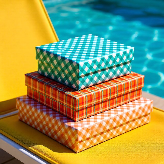 Bright Orange and Teal Picnic Plaid Classic Summer Wrapping Paper Sheets (Bright Orange and Teal Picnic Plaid Classic Summer Wrapping Paper Sheets)