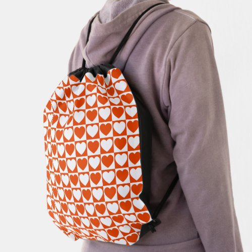 Bright Orange and White Checkerboard Heart Pattern Drawstring Bag