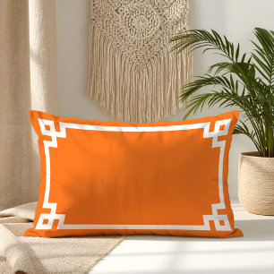 Bright Orange and White Greek Key Border Lumbar Pillow