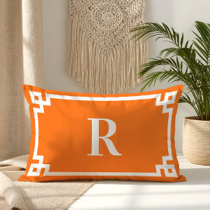 Bright Orange and White Greek Key Border Monogram Lumbar Pillow