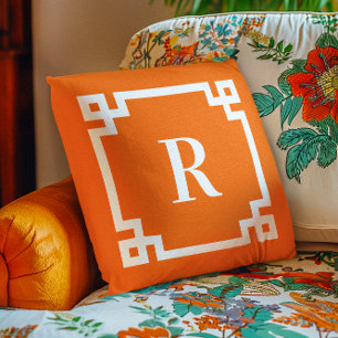 Bright Orange and White Greek Key Border Monogram Throw Pillow