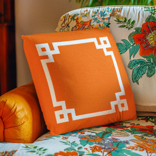 Bright Orange and White Greek Key Border Throw Pillow