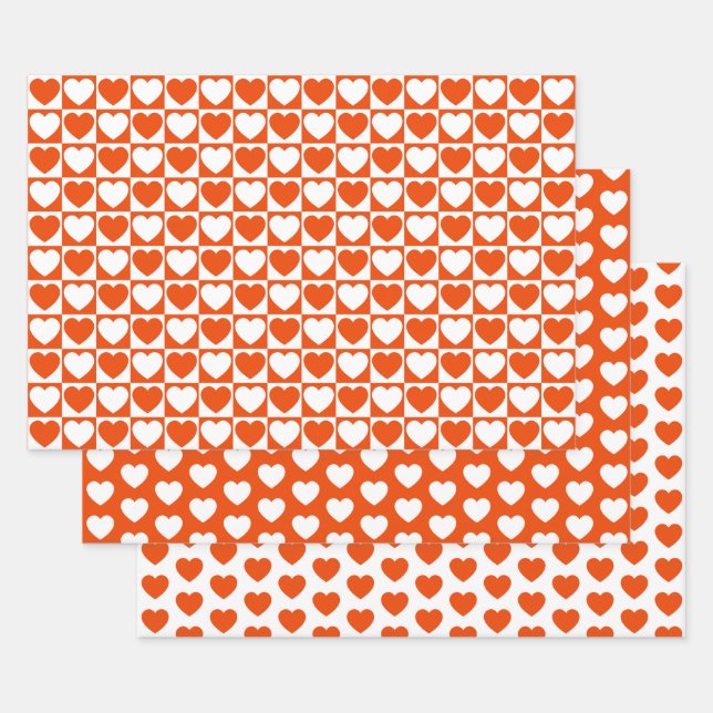 Bright Orange and White Hearts Wrapping Paper Sheets (Set)