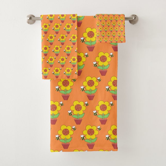 Bright Orange And Yellow Sunflower Bath Towel Set (Insitu)