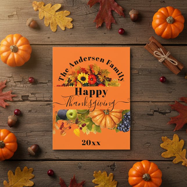 Bright Orange Autumn Harvest Thanksgiving Family Postcard (Creator Uploaded)
