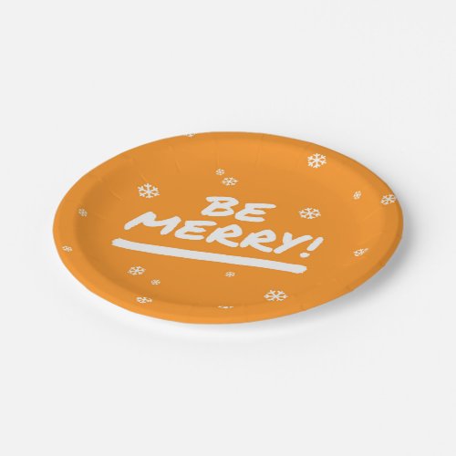 Bright Orange Be Merry Christmas Party Paper Plates