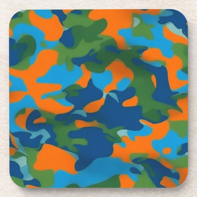 Bright orange, blue and green camouflage pattern beverage coaster (Front)