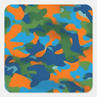 Bright orange, blue and green camouflage pattern square sticker