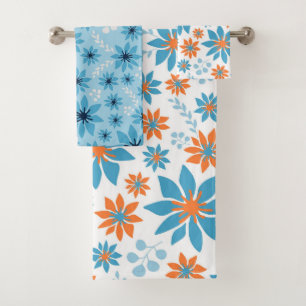 BRIGHT ORANGE & BLUE DAISY FLOWERS BATH TOWEL SET