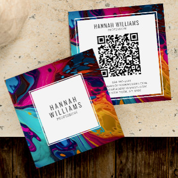 Bright Orange Blue Qr Code Colorful Marble Pattern Square Business Card by marshopART at Zazzle