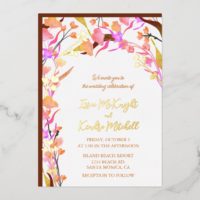 Bright Orange Bohemian Wildflower Foil Invitation (Front)
