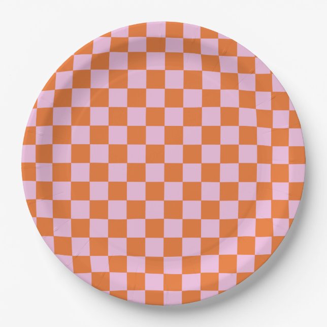 Bright Orange Checkered Paper Plates (Front)