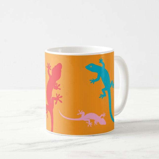 Bright Orange Coffee Cup with Colorful Lizards (Front Right)