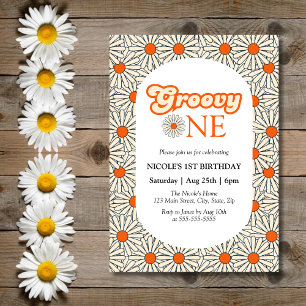 Bright Orange Daisy Floral Groovy 1st Birthday Invitation