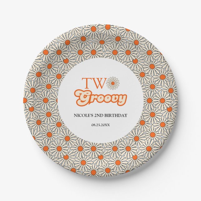 Bright Orange Daisy Floral Groovy 2nd Birthday Paper Plates (Front)