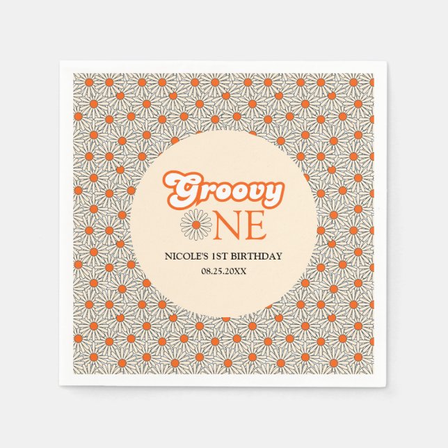 Bright Orange Daisy Groovy Arch 1st Birthday Napkins (Front)