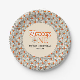Bright Orange Daisy Groovy Arch 1st Birthday Paper Plates