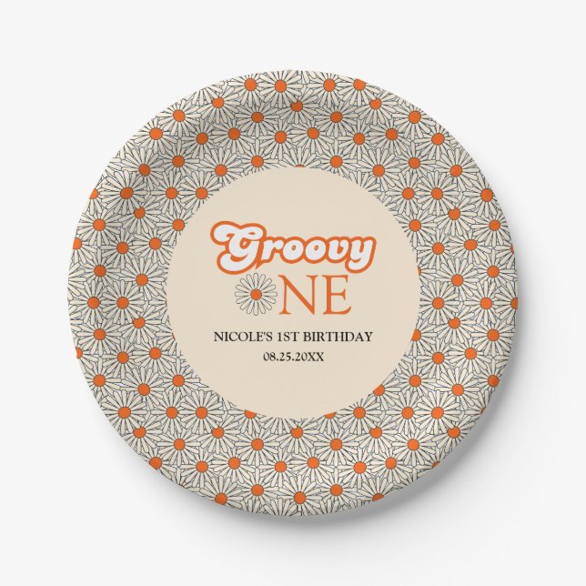 Bright Orange Daisy Groovy Arch 1st Birthday Paper Plates (Front)
