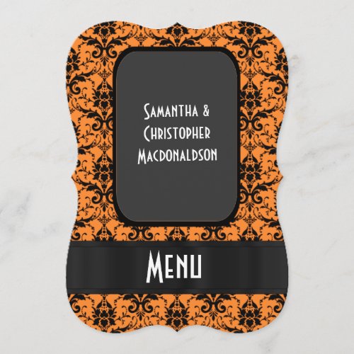 Bright orange damask formal wedding menu