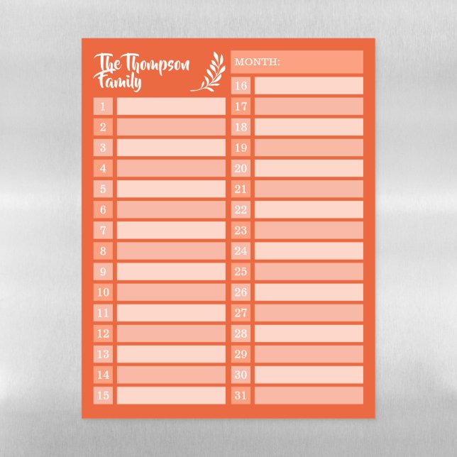 Bright Orange Days of the Month Family Planner Magnetic Dry Erase Sheet (Vertical)