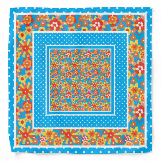 Bright Orange Ditsy Floral Polka Dots on Turquoise Bandana