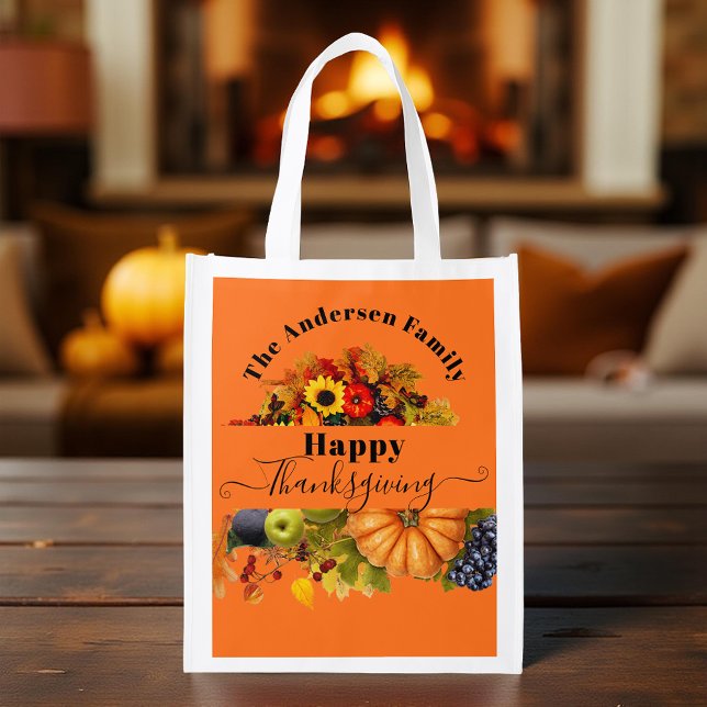 Bright Orange Fall Harvest Family Thanksgiving Grocery Bag (Creator Uploaded)
