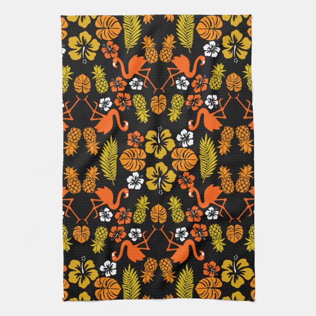 Bright Orange Floral Tropical Patterned Kitchen Towel (Vertical)