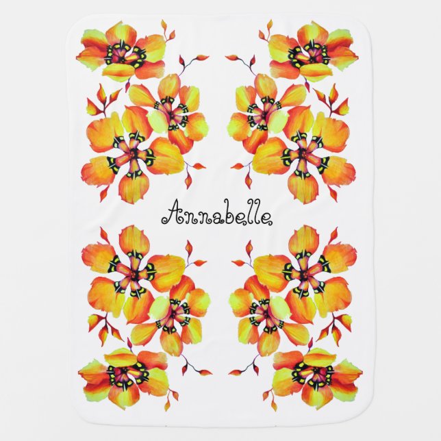 Bright Orange Flowers - Name Customization Baby Blanket (Front)