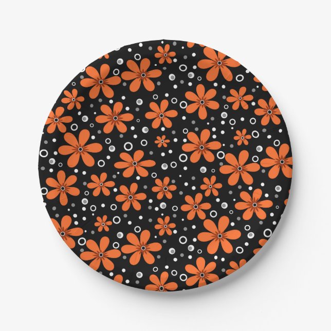 Bright orange flowers on a black background with w paper plates (Front)
