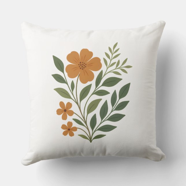 Bright Orange Flowers with Green Leaves Throw Pillow (Back)