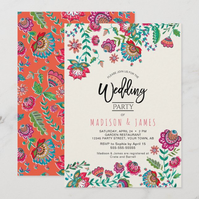 Bright orange Folk Flowers floral wedding Invitation (Front/Back)