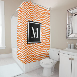 Bright Orange Greek Key Black White Monogram Shower Curtain