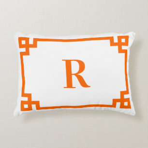 Bright Orange Greek Key Border Monogram Accent Pillow